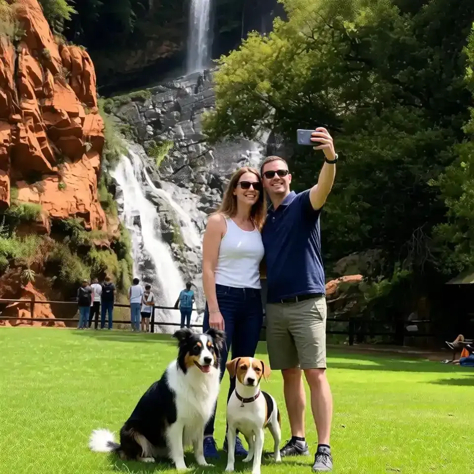 A happy family walking their dog along an open green trail within a secure lifestyle estate in South Africa.